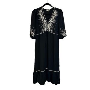 Fig‎ + Flower Embroidered Midi Dress Size M Black V-Neck Ruffle Boho Cottagecore
